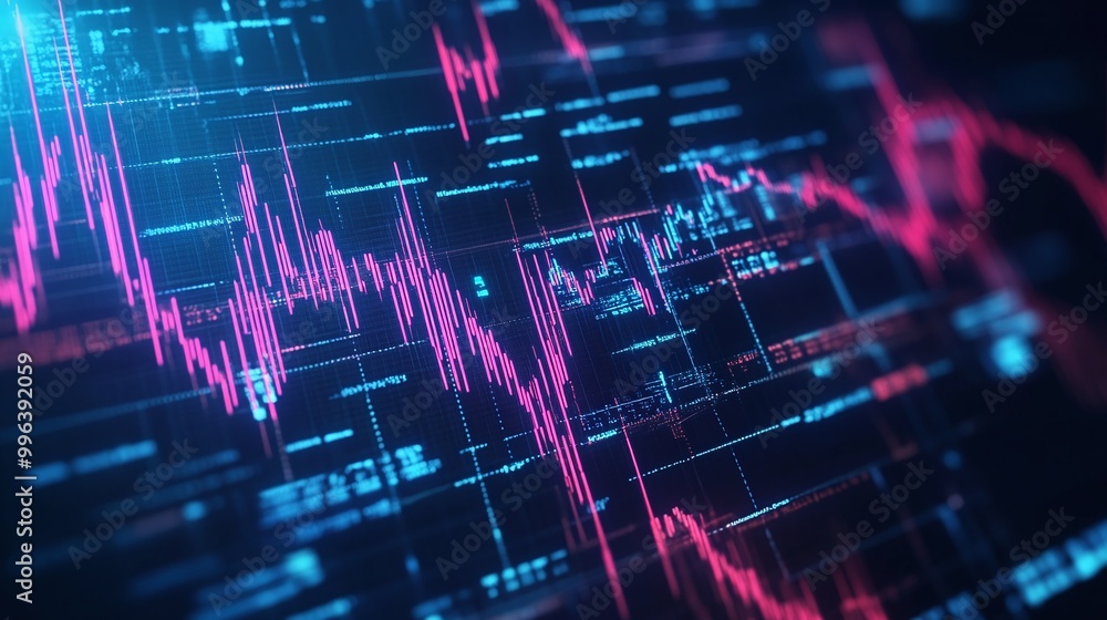 Abstract stock market chart with glowing pink lines and data visualization elements on a dark background. Abstract stock market chart with glowing pink lines and data visualization elements on a dark background.