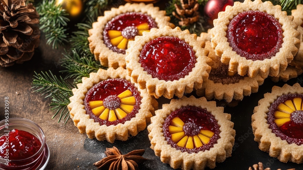 Classic Linzer cookies filled with red and yellow jam set against a festive cooking backdrop Classic Linzer cookies filled with red and yellow jam set against a festive cooking backdrop