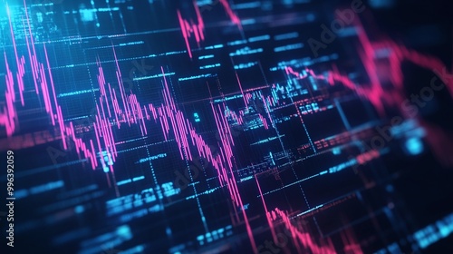 Abstract stock market chart with glowing pink lines and data visualization elements on a dark background.