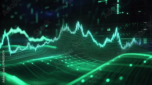 Abstract technology background with green data visualization, waveforms, and graphs representing information and analytics.