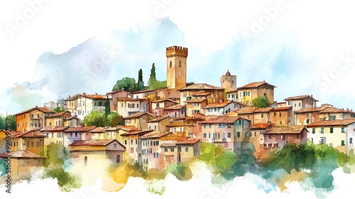 Wallpaper Mural Watercolor Painting of a European Village with a Tower. Torontodigital.ca