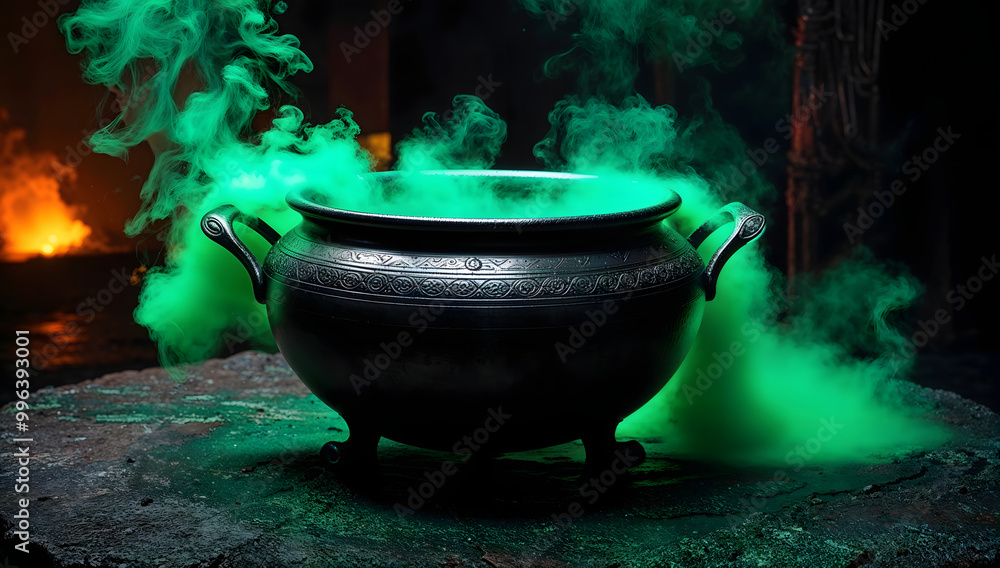 Cauldron with bubbling green glowing potion isolated on a dark foggy background, surrounded by eerie mist. Perfect for spooky Halloween scenes, witches' brew, haunted atmospheres, and magical potions. Cauldron with bubbling green glowing potion isolated on a dark foggy background, surrounded by eerie mist. Perfect for spooky Halloween scenes, witches' brew, haunted atmospheres, and magical potions.