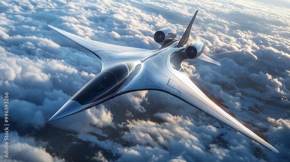 Fototapeta premium Futuristic Airplane Flying Above Clouds at Sunset.