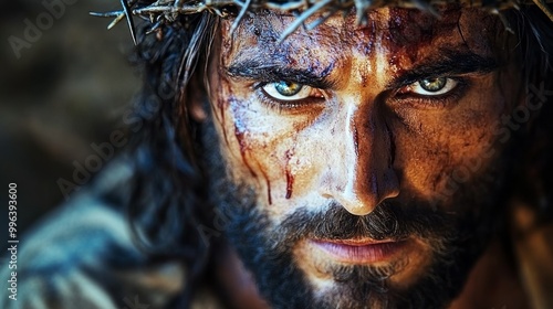 A man with a crown on his head and a bloody face. The man is Jesus Christ. Concept of pain and suffering, as the man's face is covered in blood
