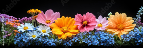 A vibrant mix of colorful flowers against a dark background.