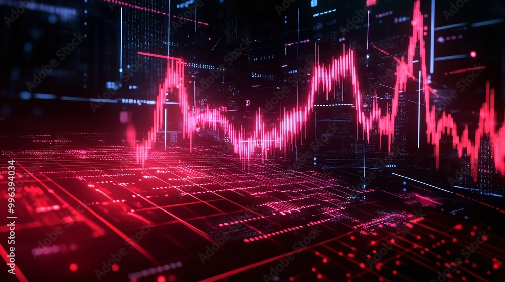 Abstract visualization of digital financial data with red graph, showcasing market trends and fluctuations. Abstract visualization of digital financial data with red graph, showcasing market trends and fluctuations.