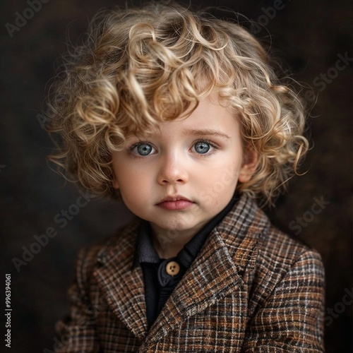 Adorable young boy with curly hair and big blue eyes wearing a stylish checkered blazer