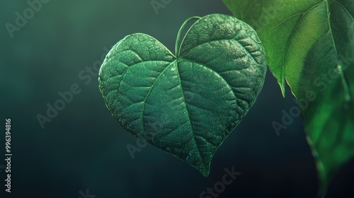 Heart shaped green leaf held softly merging nature with technology realistic artwork eco friendly vibe tranquil ambiance intricate details