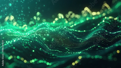 Abstract wave of glowing particles creating a mesmerizing digital landscape in shades of green and gold.
