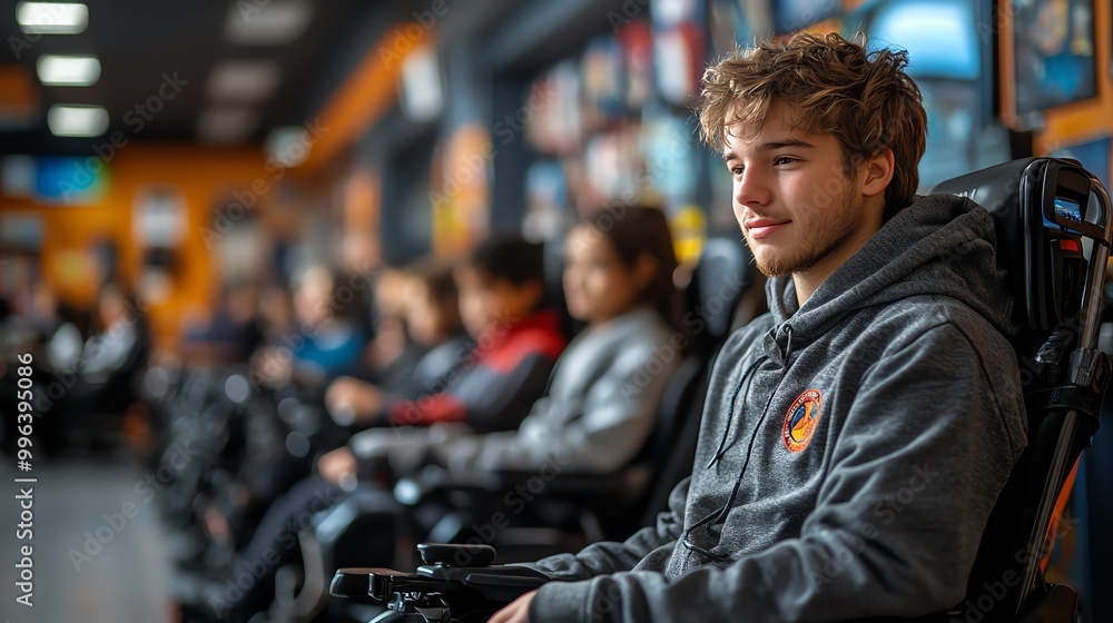 Young man in wheelchair looking forward in a room with other people. Young man in wheelchair looking forward in a room with other people.