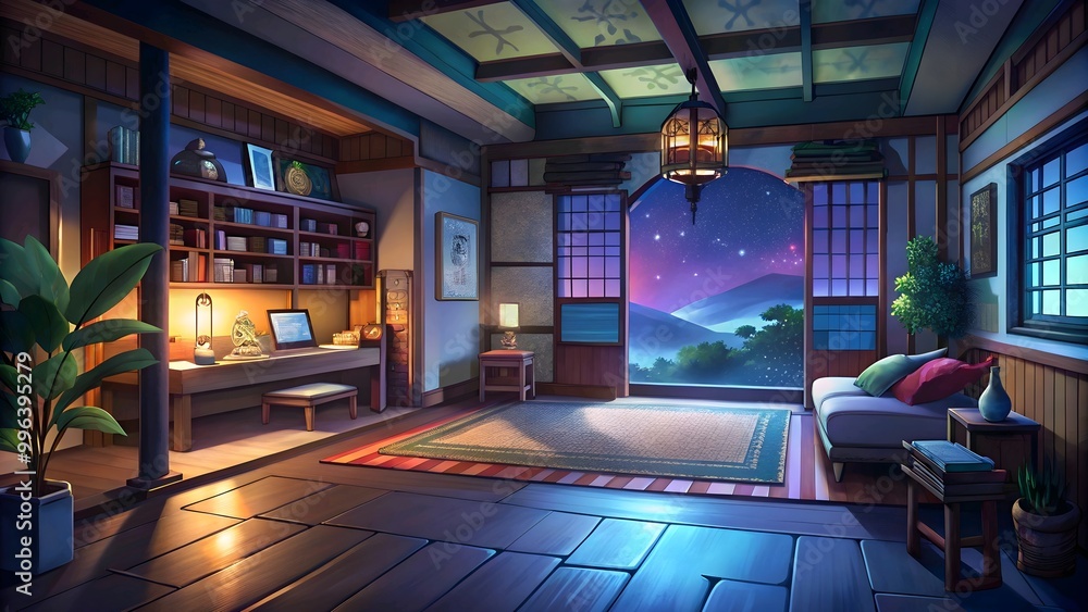 The image depicts a cozy anime-style living room with a large window ...