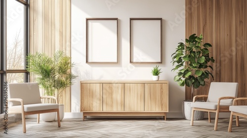 Bright modern waiting room interior featuring a wooden sideboard