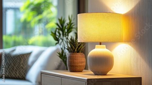 Stylish lamp decoration on wooden console with elegant house and garden interior design ideas showcasing a creative home decor concept in a bright and inviting environment