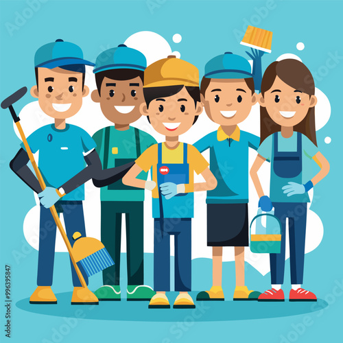 Cleaning service at home janitors team in uniform vector art illustration
