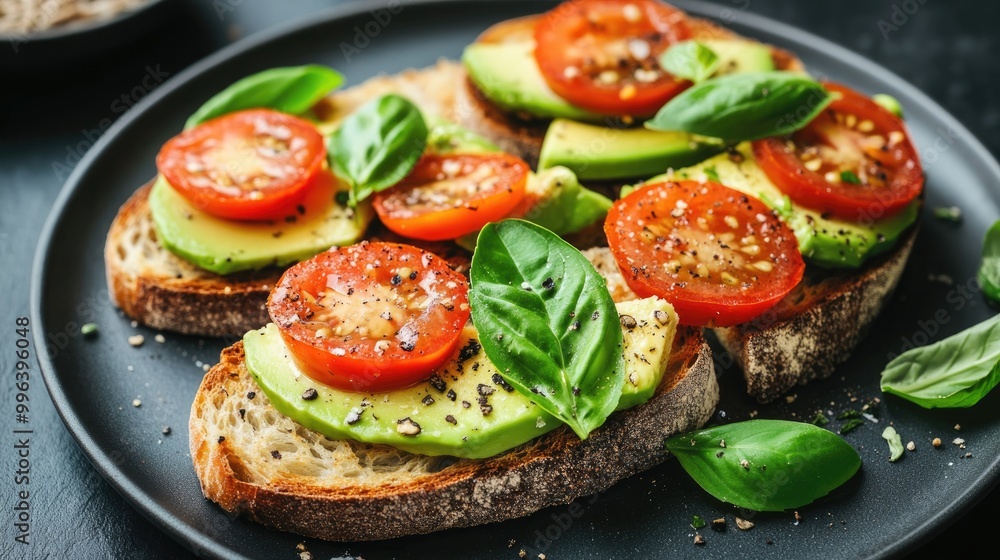 Nutritious meal featuring bread topped with avocado tomatoes and fresh basil Nutritious meal featuring bread topped with avocado tomatoes and fresh basil