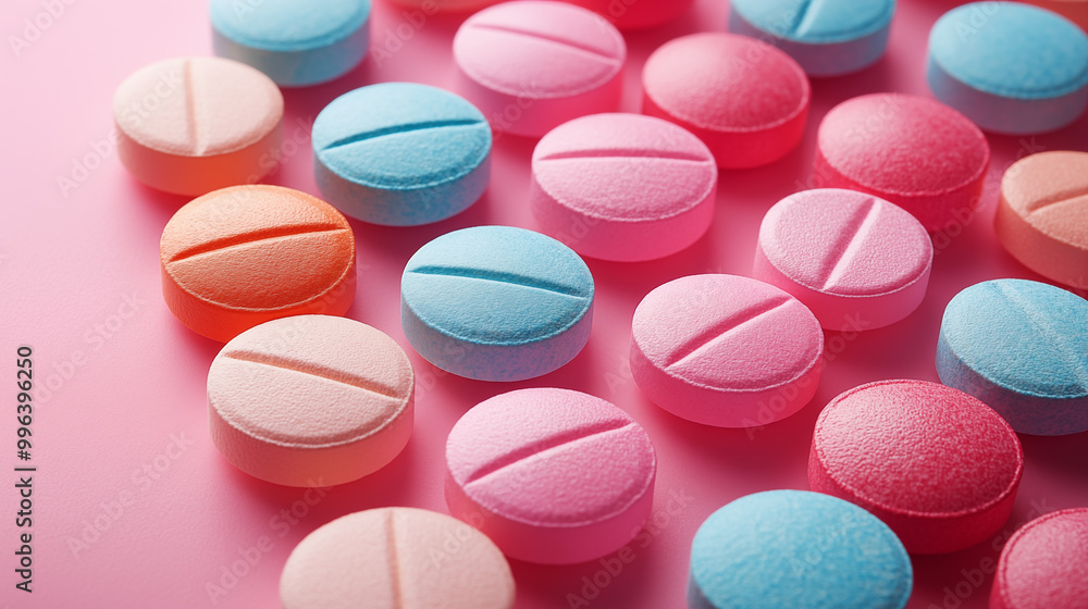 Obraz premium Colorful pills on pink background, closeup. Focus on foreground