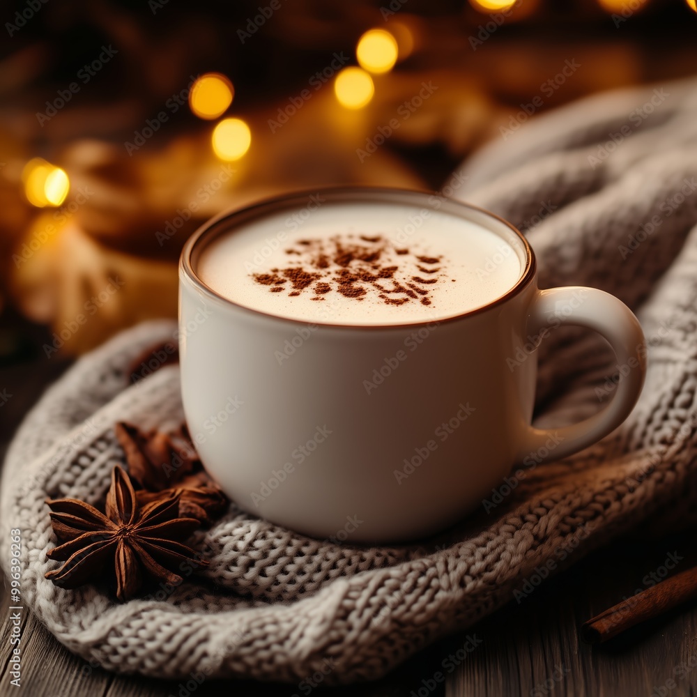 Cozy cup of spiced coffee on a knitted blanket with warm lights in the background during winter Cozy cup of spiced coffee on a knitted blanket with warm lights in the background during winter