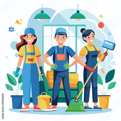 Cleaning service at home janitors team in uniform vector art illustration
