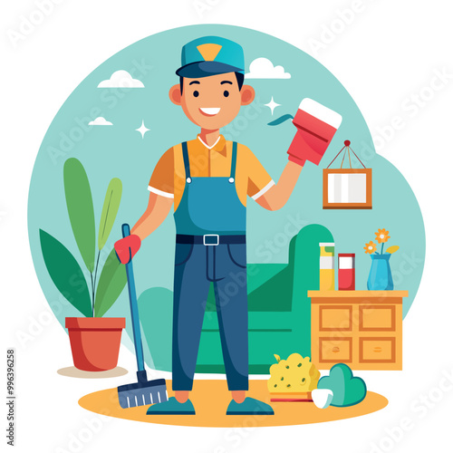 Cleaning service at home janitors team in uniform vector art illustration
