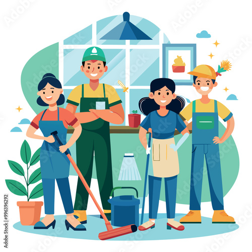 Cleaning service at home janitors team in uniform vector art illustration
