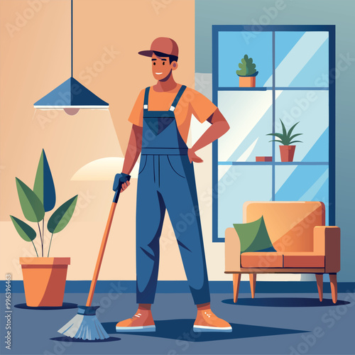 Cleaning service at home janitors team in uniform vector art illustration
