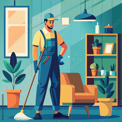 Cleaning service at home janitors team in uniform vector art illustration
