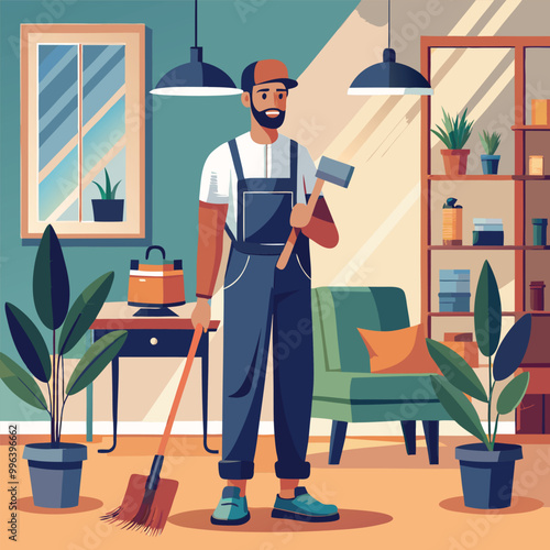 Cleaning service at home janitors team in uniform vector art illustration
