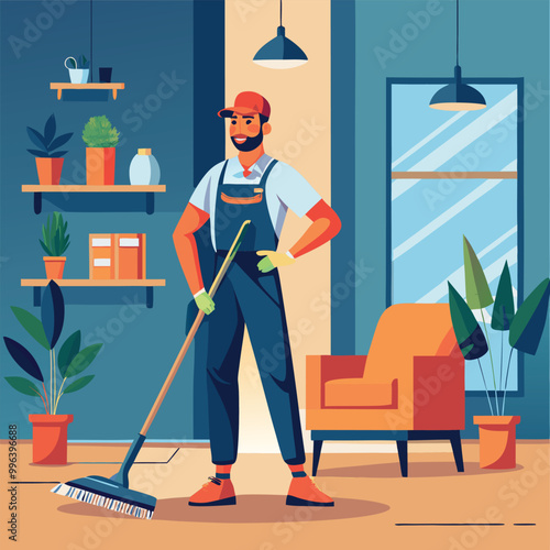 Cleaning service at home janitors team in uniform vector art illustration
