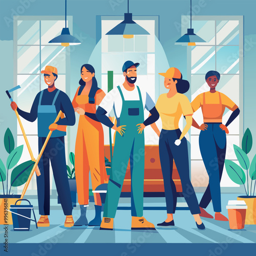 Cleaning service at home janitors team in uniform vector art illustration
