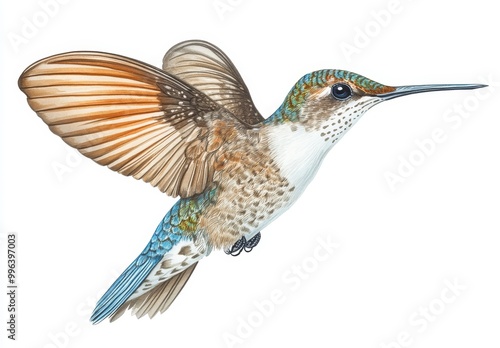 Stunning illustration of a hummingbird in flight.