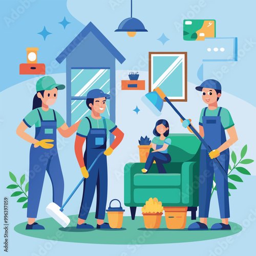 Cleaning service at home janitors team in uniform vector art illustration
