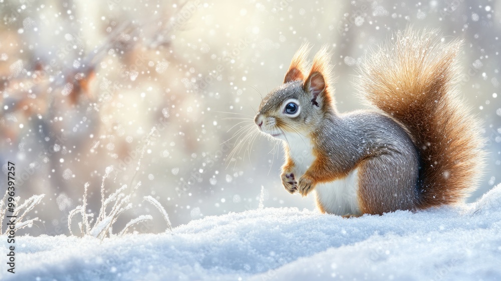 Adorable fluffy squirrel on white snow in a winter woodland setting Adorable fluffy squirrel on white snow in a winter woodland setting