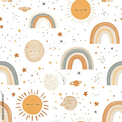 Digital illustration of the sun, clouds, and planets