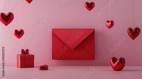 Valentine s Day backdrop featuring a red envelope gift box and hearts on a pink surface embodying a romantic theme photo