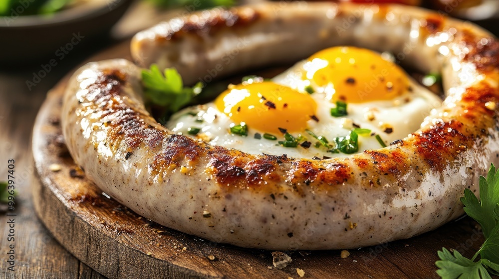 Close up of a Bavarian white sausage breakfast displayed on a rustic wooden table Close up of a Bavarian white sausage breakfast displayed on a rustic wooden table