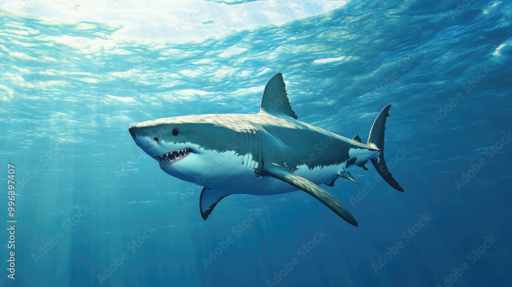 Fototapeta premium Majestic Great White Shark Gliding Smoothly Through Ocean Waters