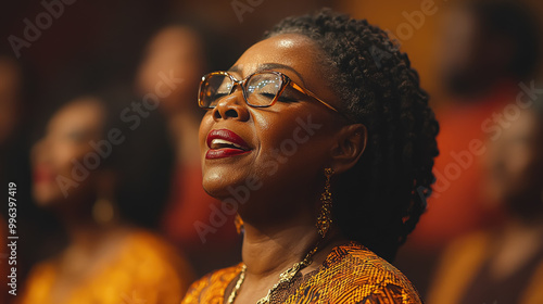 African American people dancing and singing at a Baptist church service, religion, Christianity, temple, faith, prayer, community, worship, christian, congregation, bible, belief, pray, praying, face photo