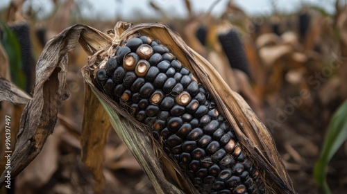 Dried decayed corncob featuring black maize kernels in a field photo