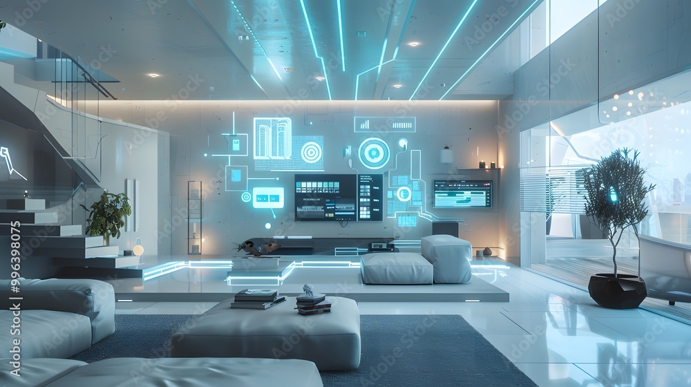Sleek Modern Home Interior Showcasing Smart Digital Gadgets for a High-Tech Lifestyle Experience Sleek Modern Home Interior Showcasing Smart Digital Gadgets for a High-Tech Lifestyle Experience