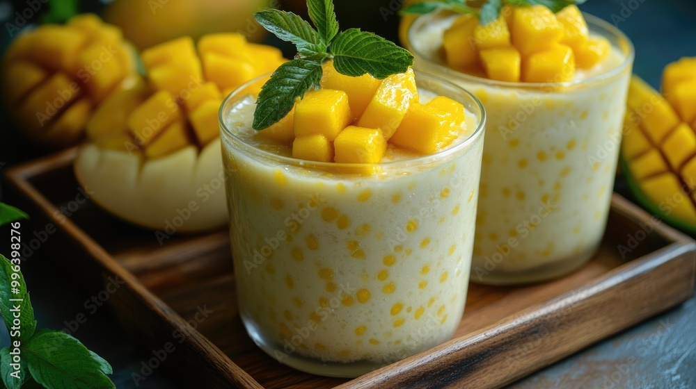 Mango sago pudding topped with fresh mango pieces served on a wooden tray A delightful and refreshing dessert for summer Mango sago pudding topped with fresh mango pieces served on a wooden tray A delightful and refreshing dessert for summer