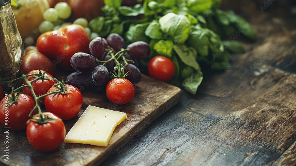 Rustic table arrangement featuring fresh tomatoes grapes and cheese representing a healthy eating concept and Mediterranean diet Rustic table arrangement featuring fresh tomatoes grapes and cheese representing a healthy eating concept and Mediterranean diet
