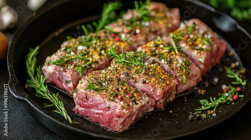 Raw meat prepared for grilling or cooking with herbs and spices on a cast iron platter