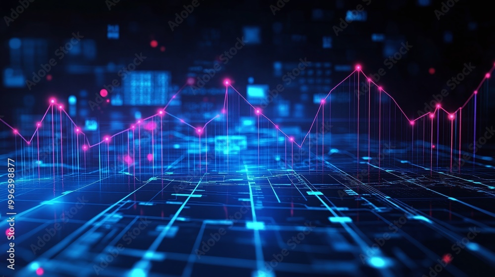 Digital abstract data visualization with neon lines and graph patterns on a dark background. Digital abstract data visualization with neon lines and graph patterns on a dark background.