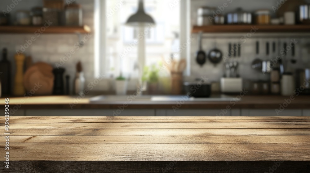 Wooden table surface in a kitchen with blurred kitchenware capturing product images Wooden table surface in a kitchen with blurred kitchenware capturing product images