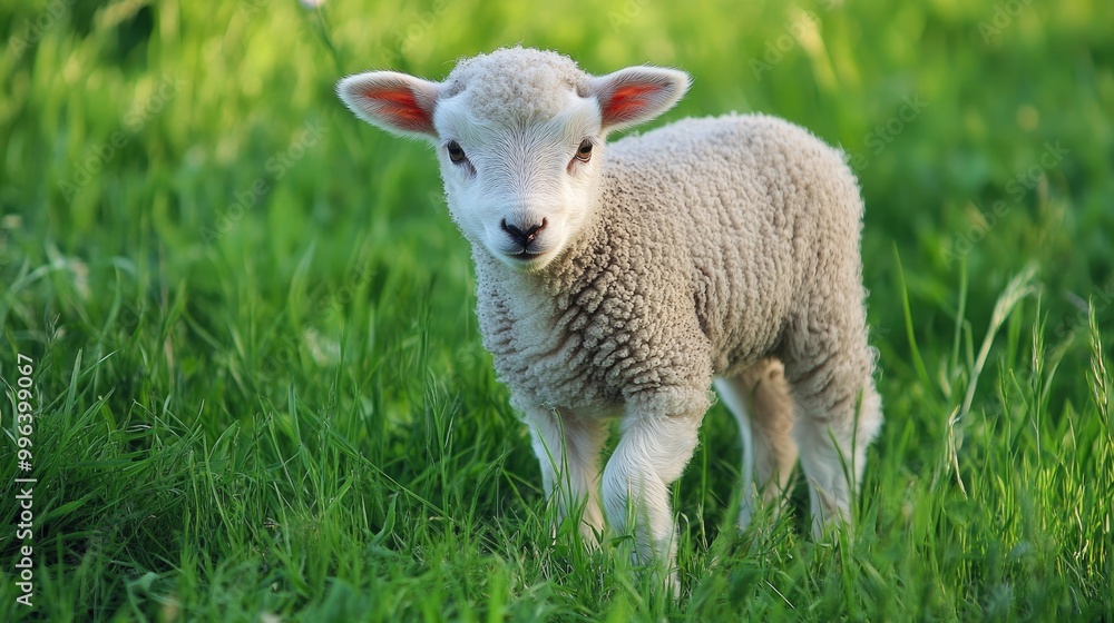 Adorable young lamb feeding in a lush green meadow during spring Adorable young lamb feeding in a lush green meadow during spring
