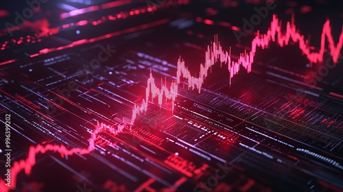 Digital data graph displaying fluctuations in red, showcasing technology and analytics.