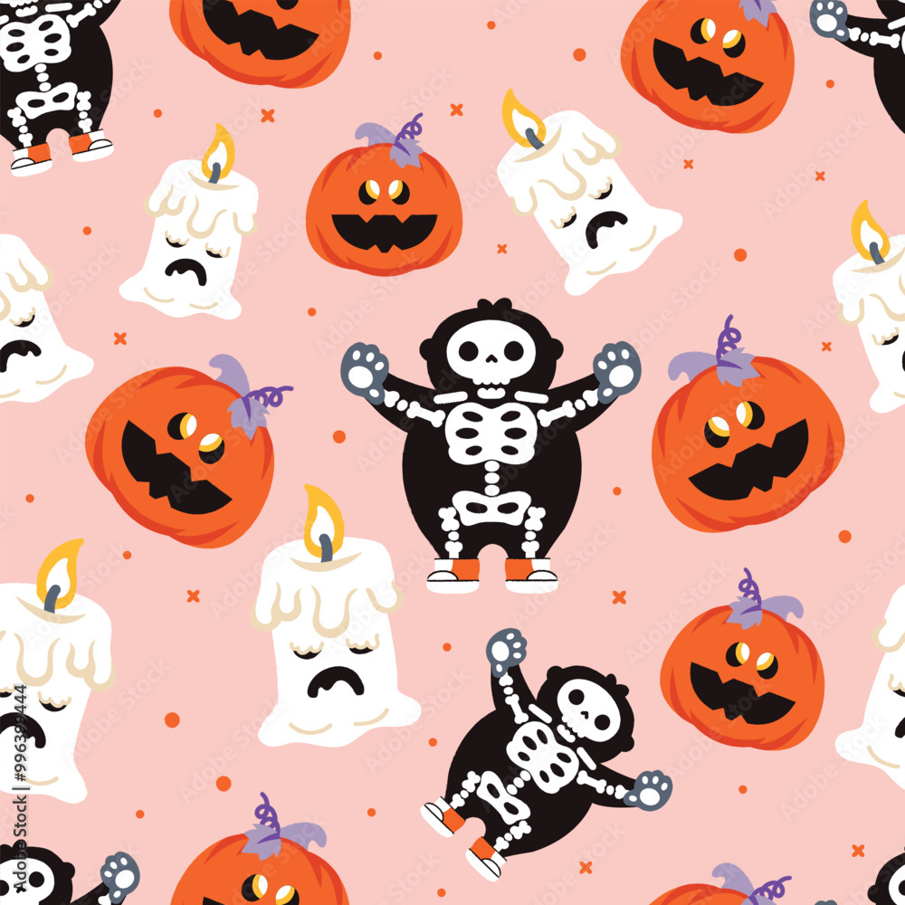 Fototapeta premium Cute Halloween Seamless Pattern Pencil Style on Color Background..