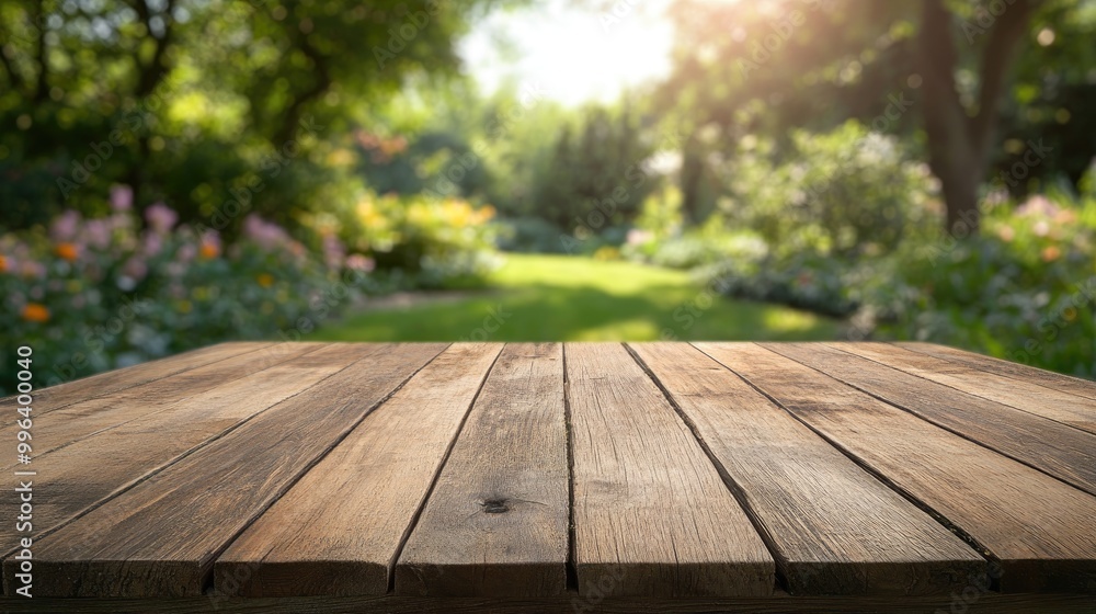 Empty wooden table suitable for product display or montage featuring a softly blurred garden backdrop High quality image Empty wooden table suitable for product display or montage featuring a softly blurred garden backdrop High quality image