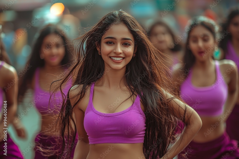 A young Indian woman wearing trendy purple workout clothes dances zumba A young Indian woman wearing trendy purple workout clothes dances zumba