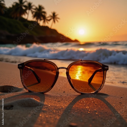 Wallpaper Mural Sunset scene with sunglasses reflected on a wet beach Torontodigital.ca